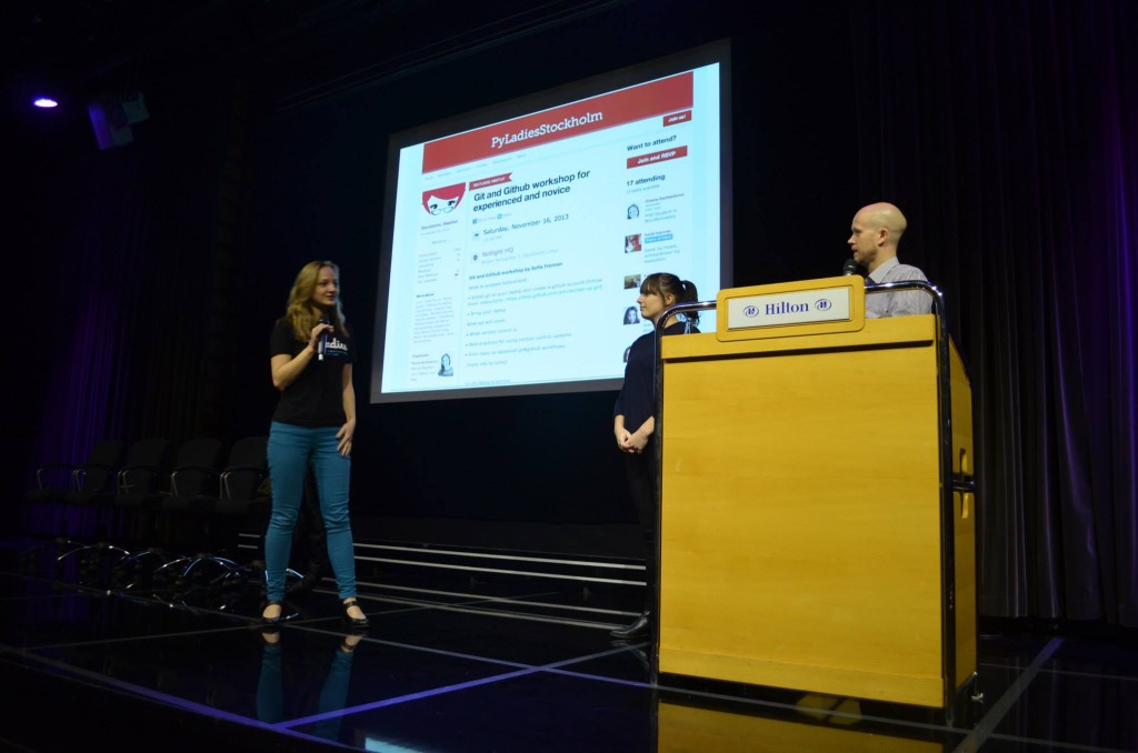 Merenlin at the Sthlm Tech Meetup in November, 2013, representing PyLadies along with representatives of Geek Girl Meetup & Faces Of Tech